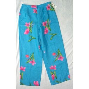 NWT Women's Talbots Turquoise Blue Linen Capri Pants Florals Size 4